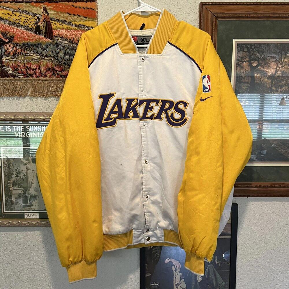Vintage Los Angeles Lakers Nike Team Gold White Satin Bomber Jacket Size XL